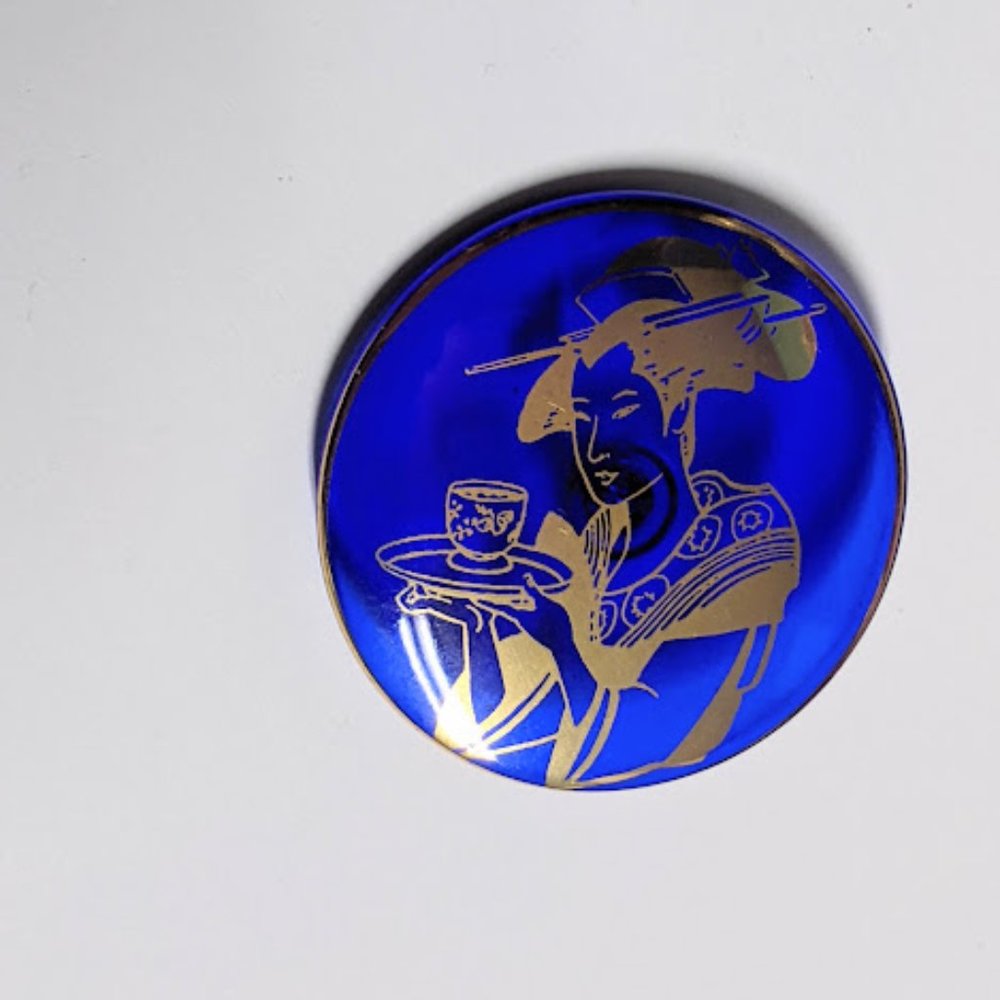 Vintage Large Blue Glass Geisha Button Pendant